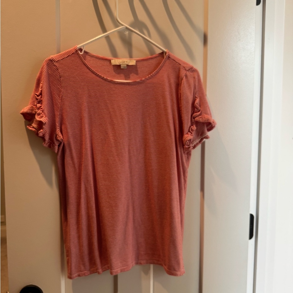LOFT Coral Pink Striped Ruffle Sleeve Tee